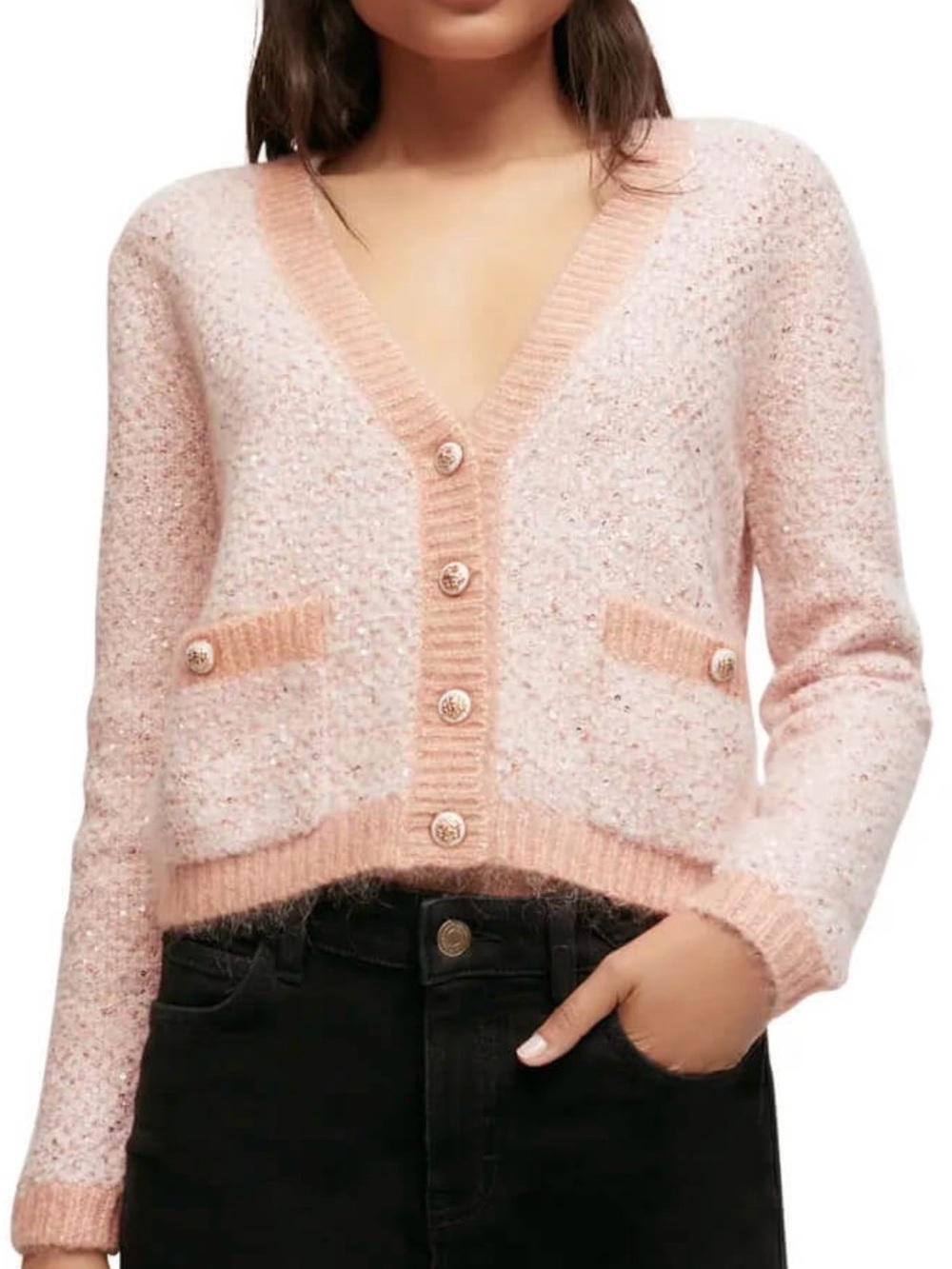 Maje Mission V-Neck Sequined Cardigan-Peachy Pink Sz 2